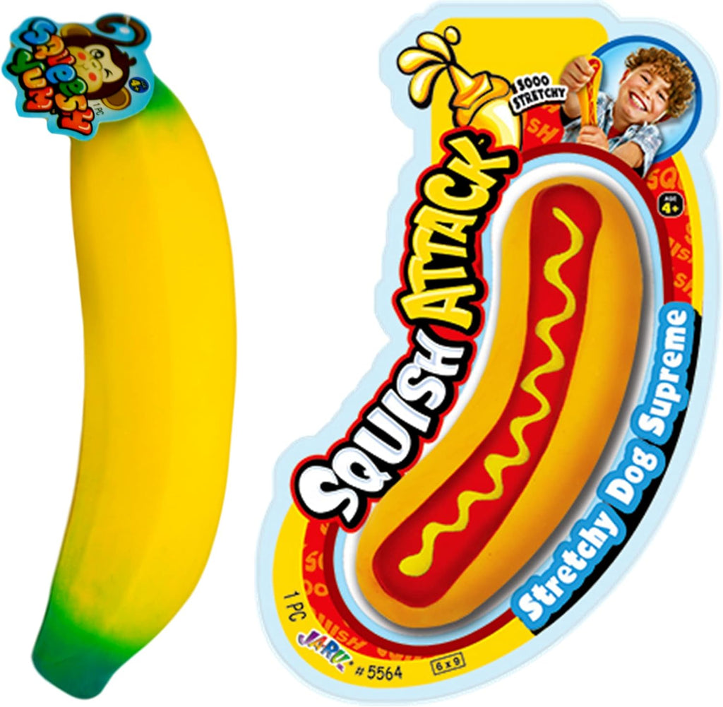 Stretchy Hot Dog Toy & Squishy Banana Stress Toy (2 Toys in 1 Pack) Sand Filled Sensory Fidget Toys for Kids | Stress Relief Toy | Banana Party Favors. 3340-5564S