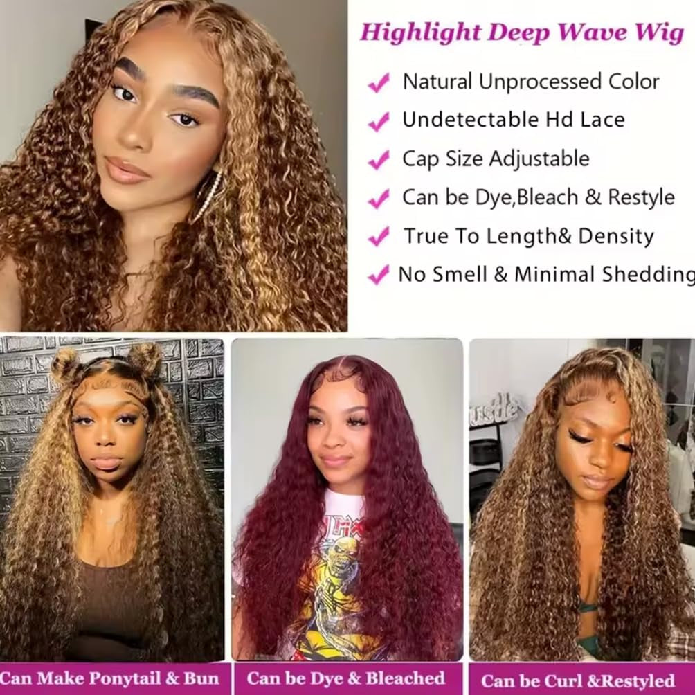 Highlight Honey Blonde Deep Wave Lace Front Wig 13×6 Ombre P4/27 Highlight Colored Lace Front Wigs Human Hair Pre Plucked Bleached Knots 200% Density (13X6 Honey Deep, 18 Inch)