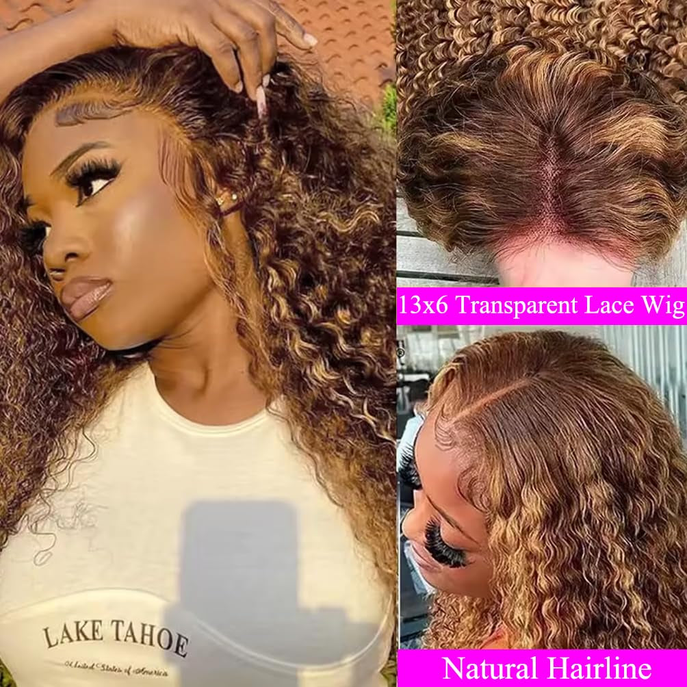 Highlight Honey Blonde Deep Wave Lace Front Wig 13×6 Ombre P4/27 Highlight Colored Lace Front Wigs Human Hair Pre Plucked Bleached Knots 200% Density (13X6 Honey Deep, 18 Inch)