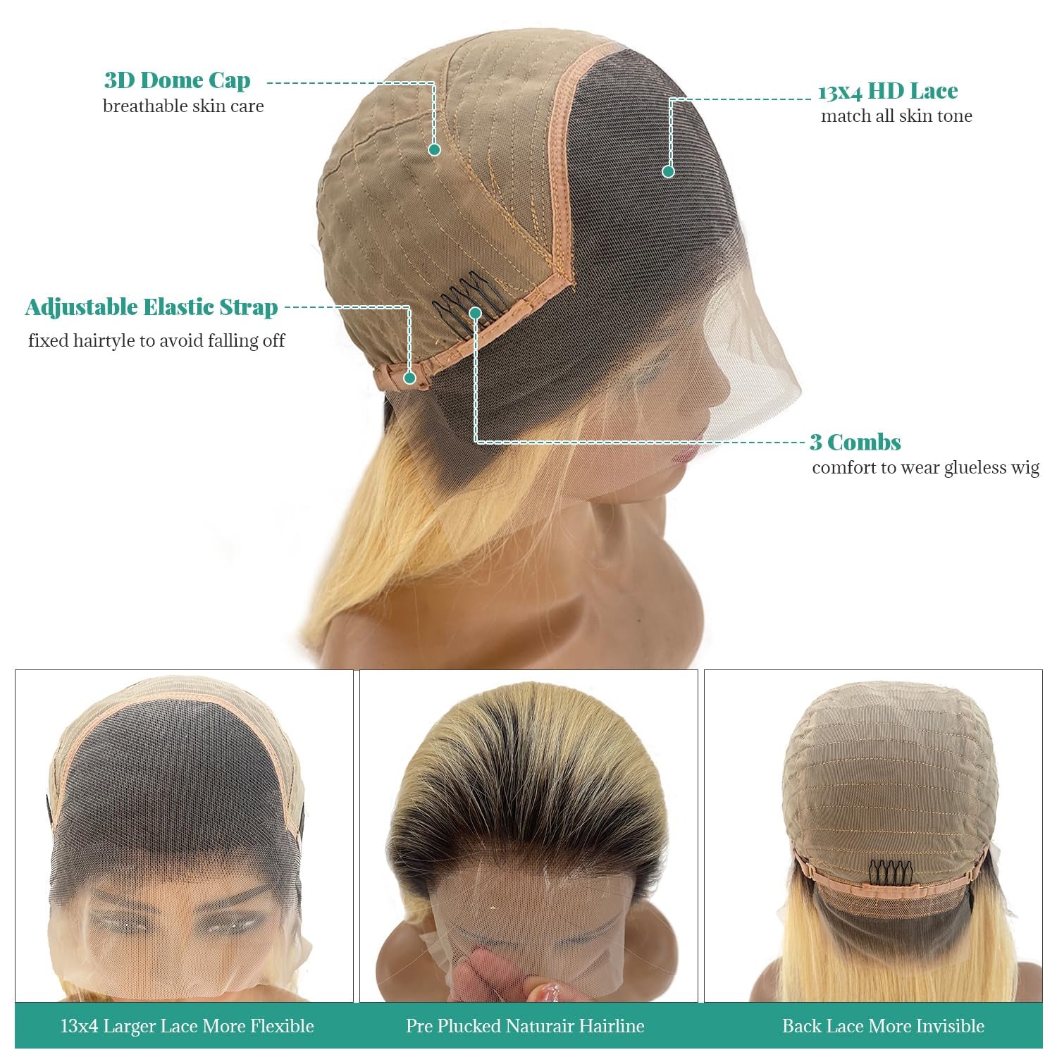 Ombre Blonde 13X4 Lace Front Wig Human Hair for Black Women Full Ends 180% Density Straight 1B613 HD Lace Frontal Wigs Pre Plucked with Baby Hair 22Inch